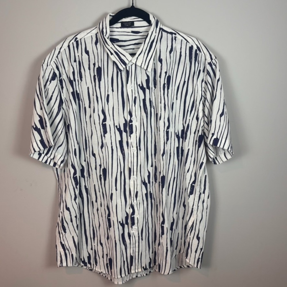 COOFANDY Mens Blue White Abstract Pattern Linen Blend Short Sleeve Shirt SZ XXL